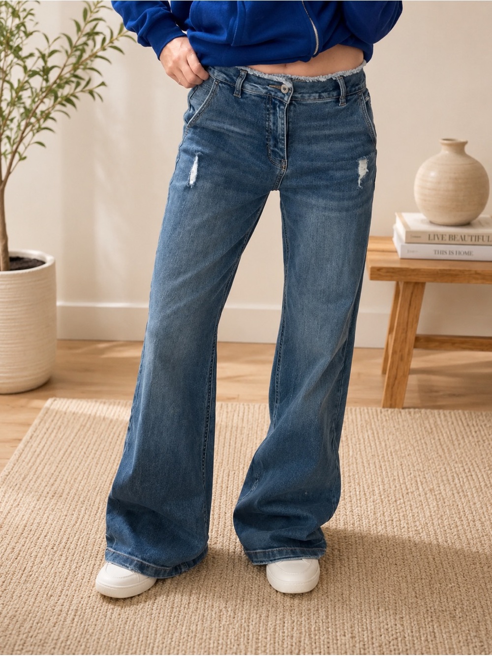 KanCan Dark Indigo Wide-Leg Baggy Jeans with Faded Whiskering